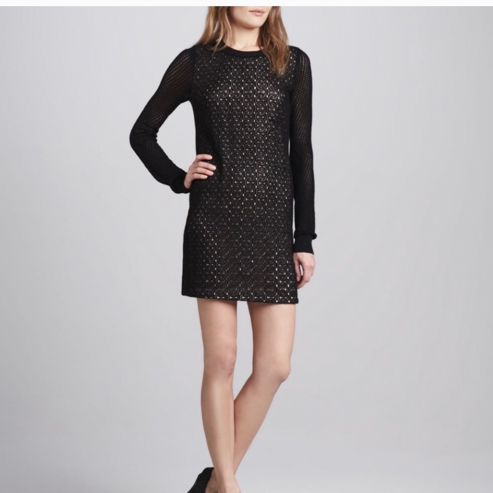 New DVF Black Linot Bis Lace Sweater Dress, sz P
